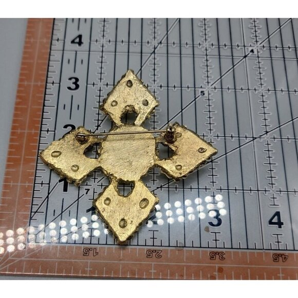 Four Point Dotted Cross Brooch Blue Fauceted Large Rhinestones Gold Tone - Picture 2 of 13